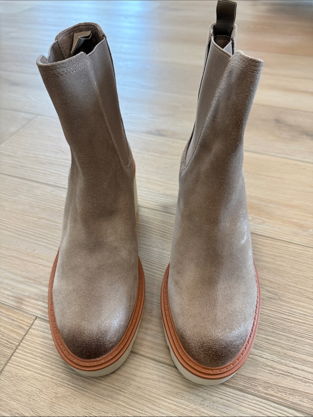 Chocolat Blu Taupe Suede Ankle Boots with Tan Trim